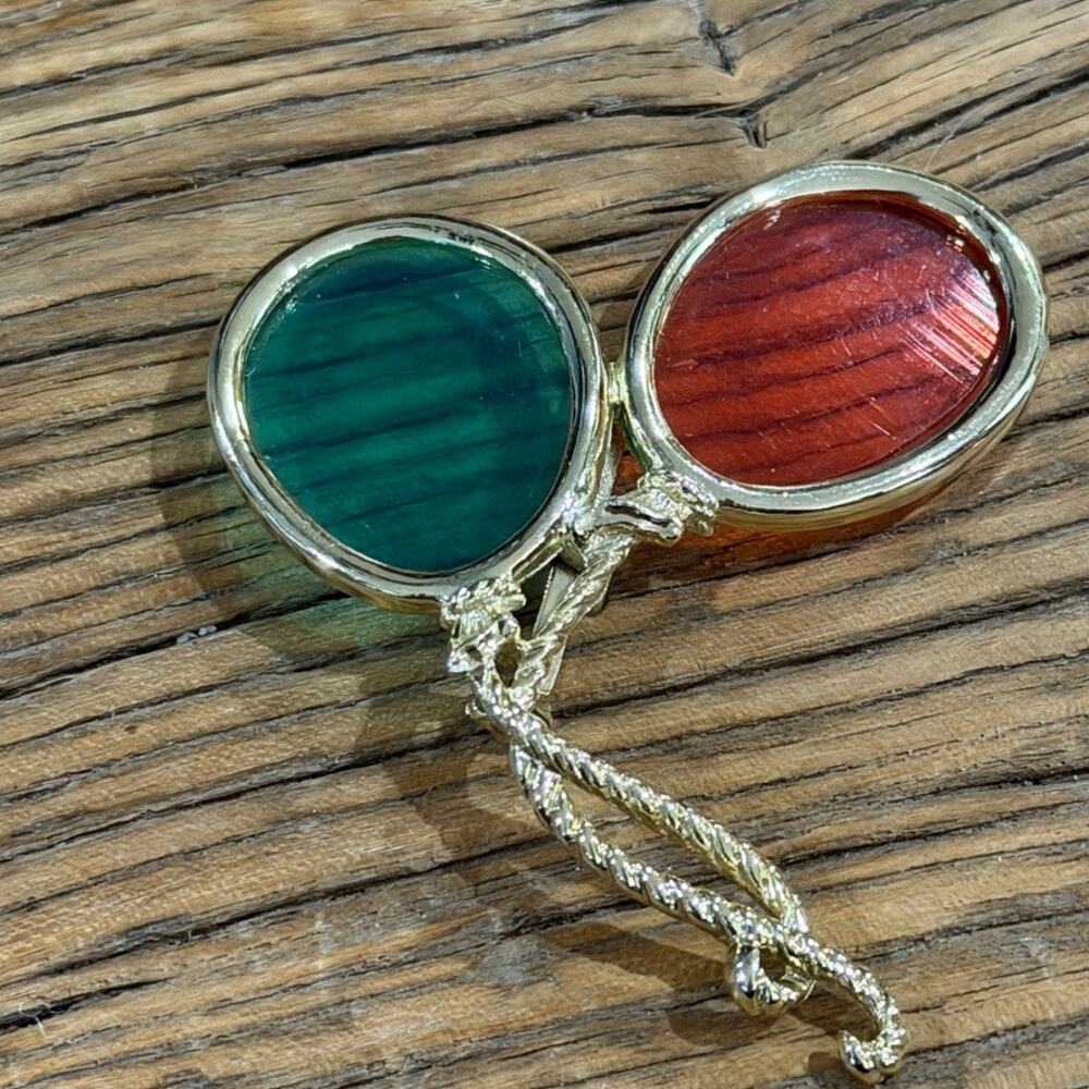 Brooch Balloons Gold Tone Lucite Jelly Belly Red Green Celebration Pin Retro
